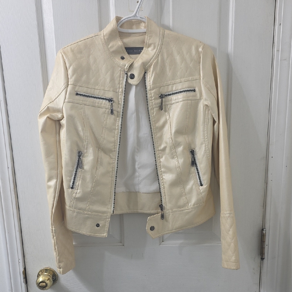 Women's Cream Faux Leather Jacket